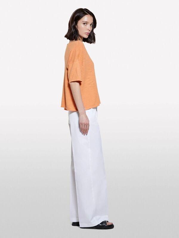 Keten Karışımlı Bisiklet Yaka Oversize T-Shirt Kadın Turuncu T-Shirt - 325P105GM106H