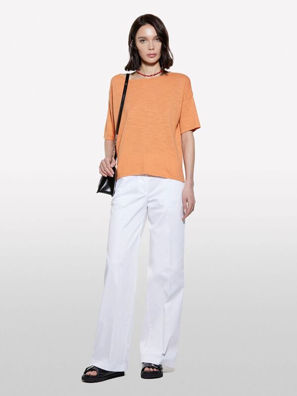 Sisley - Keten Karışımlı Bisiklet Yaka Oversize T-Shirt Kadın Turuncu T-Shirt - 325P105GM106H