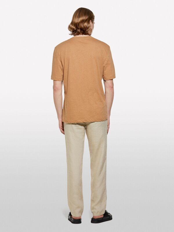 Sisley - Keten Karışımlı Bisiklet Yaka Regular Fit T-Shirt Erkek Kahverengi T-Shirt - 325P3D8FS104L