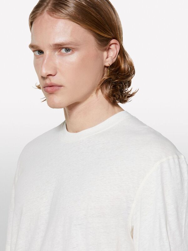 Keten Karışımlı Bisiklet Yaka Regular Fit T-Shirt Erkek Krem T-Shirt - 325P3D8FS104L