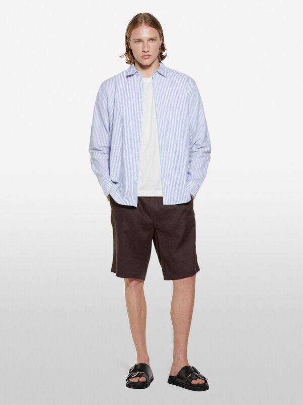 Keten Karışımlı Bisiklet Yaka Regular Fit T-Shirt Erkek Krem T-Shirt - 325P3D8FS104L