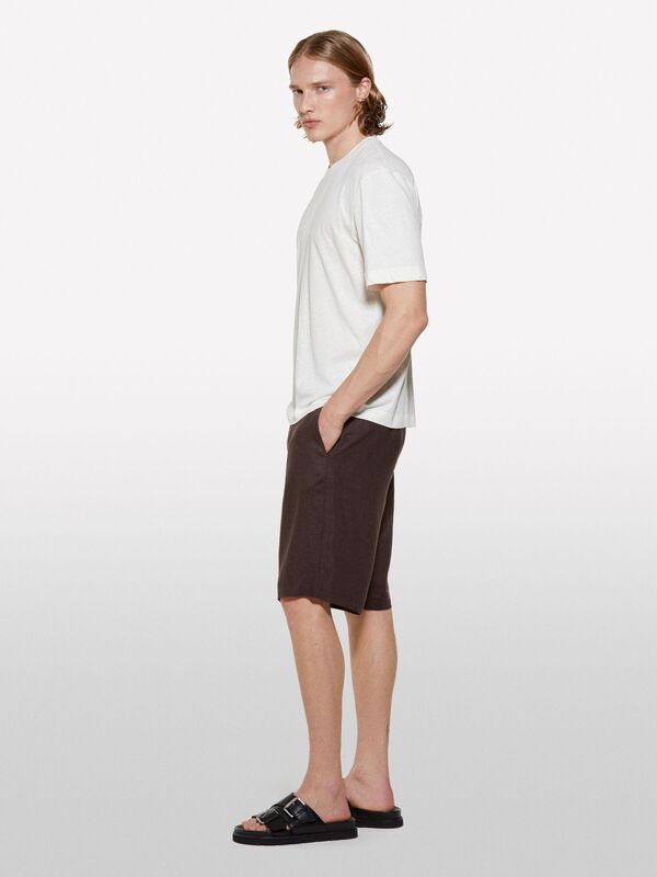 Sisley - Keten Karışımlı Bisiklet Yaka Regular Fit T-Shirt Erkek Krem T-Shirt - 325P3D8FS104L