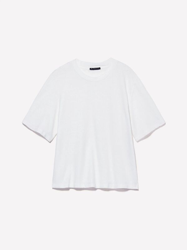 Keten Karışımlı Bisiklet Yaka T-Shirt Kadın Beyaz T-Shirt - 325P3UTFL107C