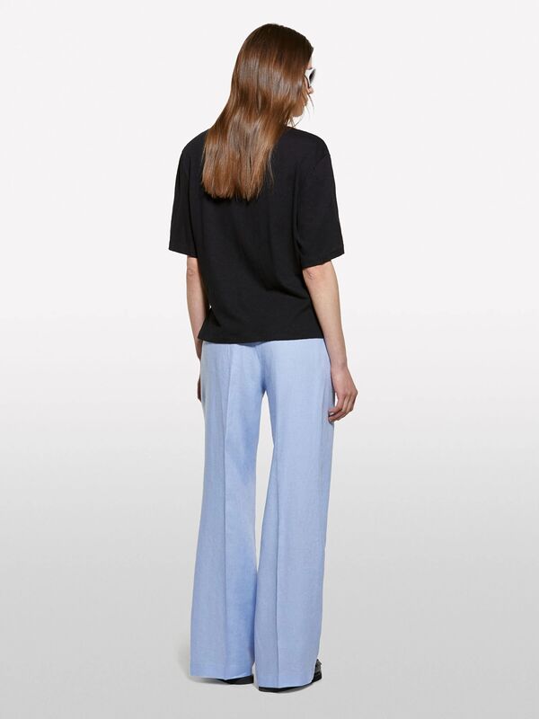 Keten Karışımlı Bisiklet Yaka T-Shirt Kadın Siyah T-Shirt - 325P3UTFL107C