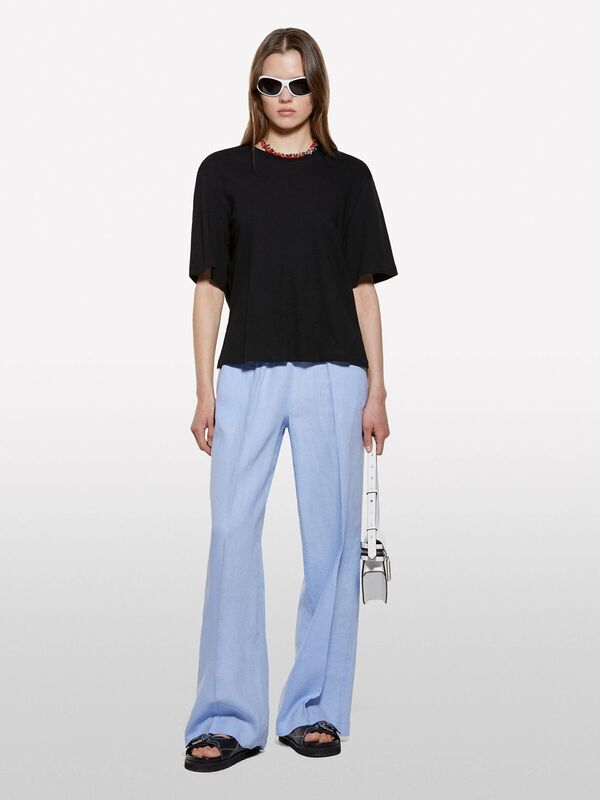 Sisley - Keten Karışımlı Bisiklet Yaka T-Shirt Kadın Siyah T-Shirt - 325P3UTFL107C