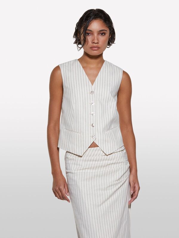 Sisley - Keten Karışımlı Cepli V Yaka Yelek Kadın Siyah Yelek - 325P25ICLJ00S