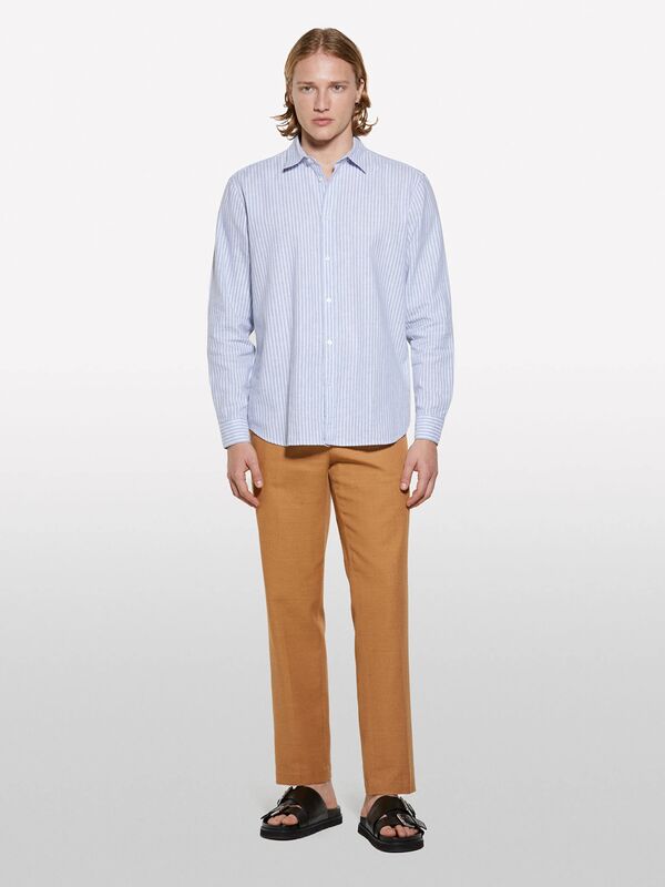 Sisley - Keten Karışımlı Çizgili Regular Fit Gömlek Erkek Beyaz Gömlek - 325P51FCSQ03G