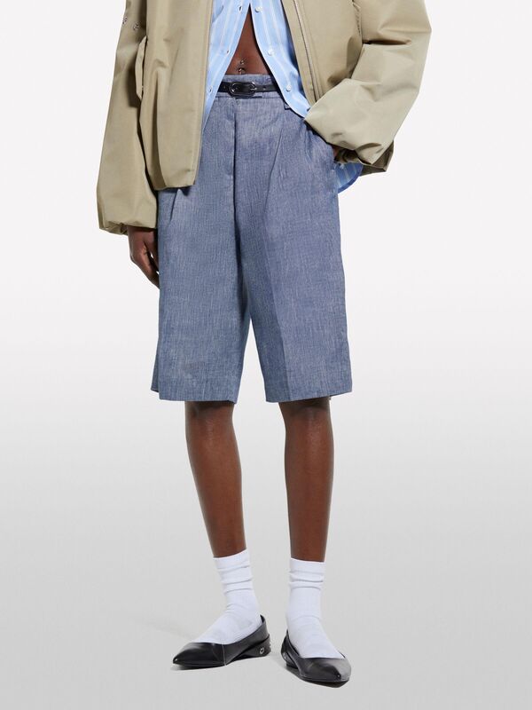 Sisley - Keten Karışımlı Denim Görünümlü Şort Kadın Mavi Denim Şort - 325P4MNUL901J