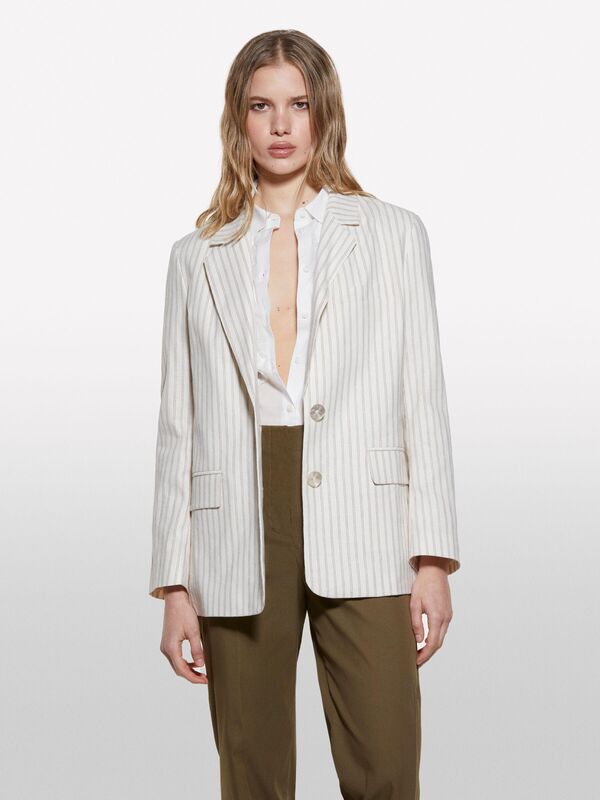 Keten Karışımlı Düğmeli Cepli Blazer Ceket Kadın Siyah Ceket - 325P25ICLW030