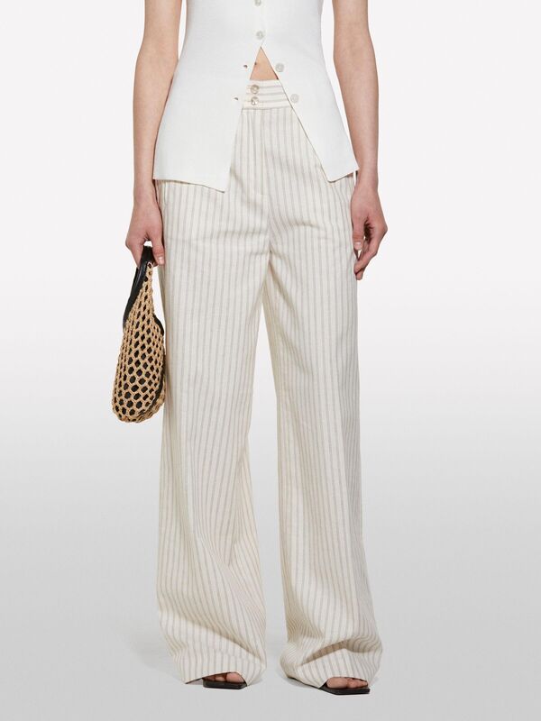 Keten Karışımlı Düğmeli Yüksek Bel Palazzo Pantolon Kadın Siyah Pantolon - 325P45ICLF06W