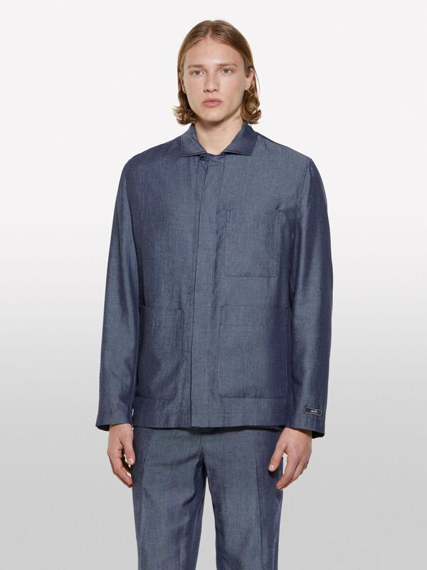 Keten Karışımlı Gizli Düğmeli Astarsız Ceket Erkek Mavi Ceket - 325P2NZVSW02A