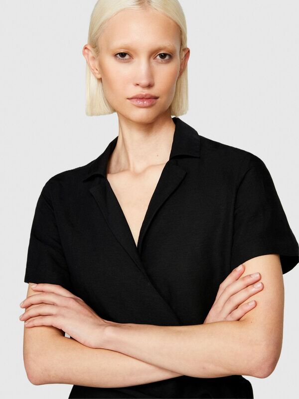 Keten Karışımlı Gömlek Yaka Bel Kısmı Elastik Elbise Kadın Siyah Gömlek - 324P40BRLV05L