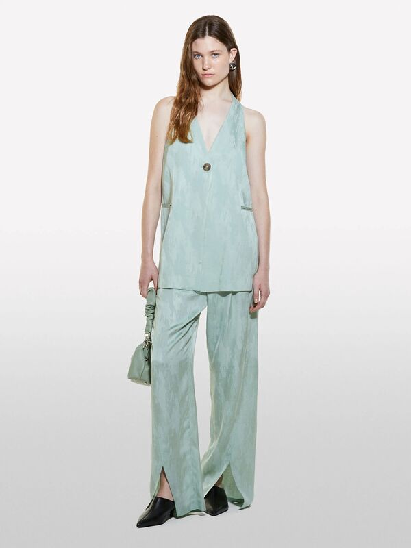 Sisley - Keten Karışımlı Jakarlı Paçası Yırtmaçlı Pantolon Kadın Mint Yeşili Pantolon - 324A43MELF05I