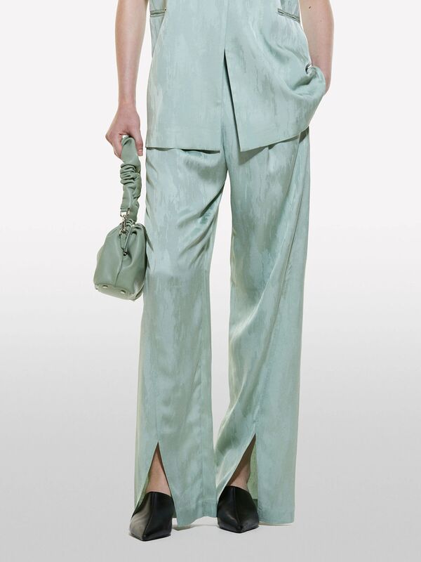 Keten Karışımlı Jakarlı Paçası Yırtmaçlı Pantolon Kadın Mint Yeşili Pantolon - 324A43MELF05I