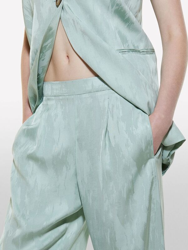 Keten Karışımlı Jakarlı Paçası Yırtmaçlı Pantolon Kadın Mint Yeşili Pantolon - 324A43MELF05I