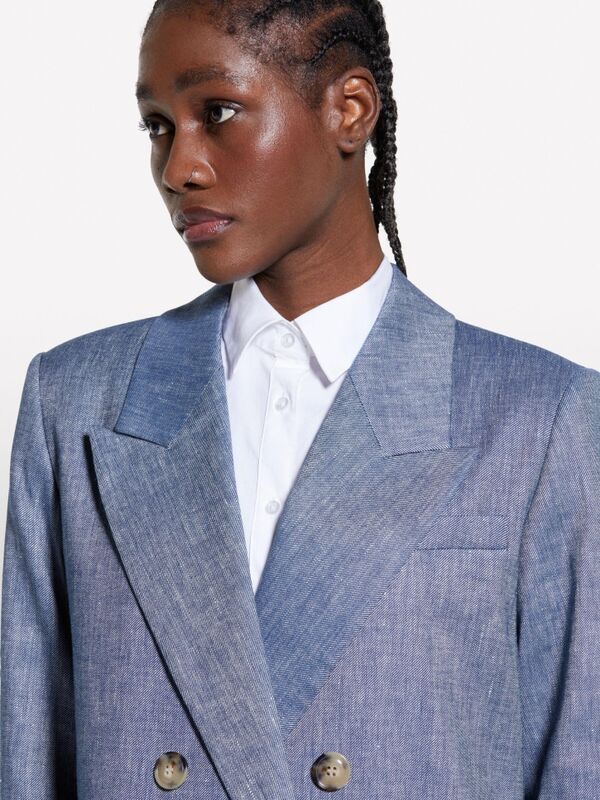 Keten Karışımlı Kruvaze Comfort Fit Blazer Ceket Kadın Mavi Ceket - 325P2MNULW02Y