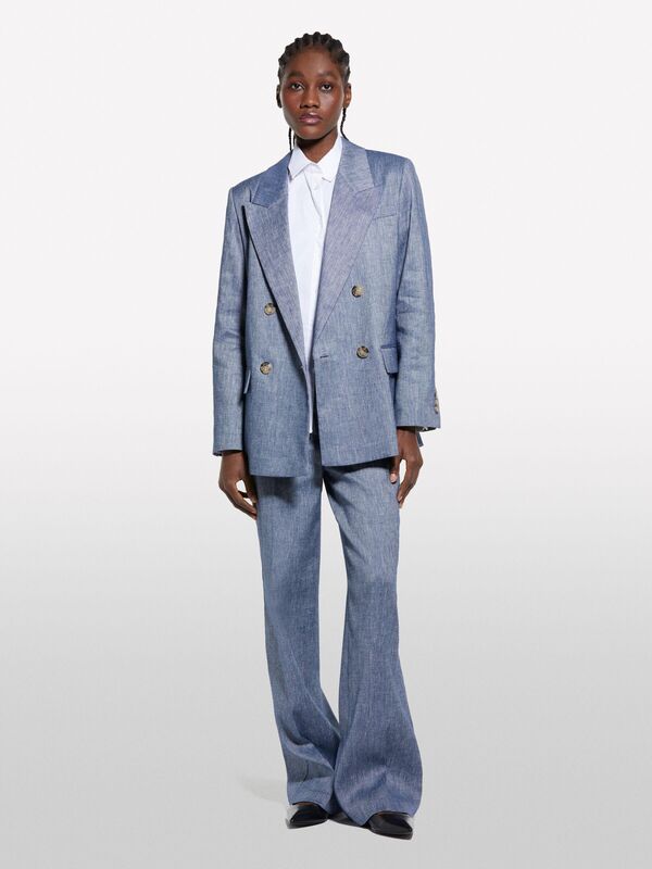 Sisley - Keten Karışımlı Kruvaze Comfort Fit Blazer Ceket Kadın Mavi Ceket - 325P2MNULW02Y