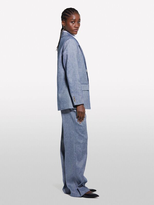 Keten Karışımlı Kruvaze Comfort Fit Blazer Ceket Kadın Mavi Ceket - 325P2MNULW02Y