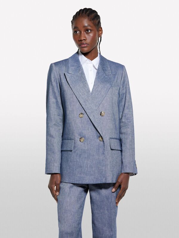 Keten Karışımlı Kruvaze Comfort Fit Blazer Ceket Kadın Mavi Ceket - 325P2MNULW02Y