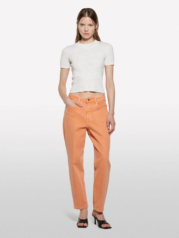 Sisley - Keten Karışımlı Slim Fit Kısa Kollu Kazak Kadın Beyaz Kazak - 325P105GM106G