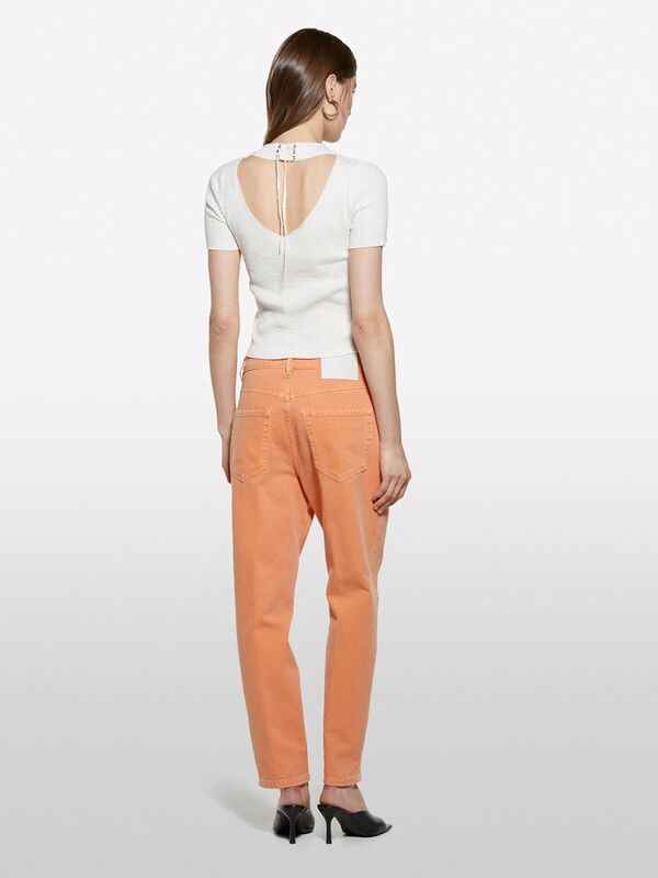 Keten Karışımlı Slim Fit Kısa Kollu Kazak Kadın Beyaz Kazak - 325P105GM106G