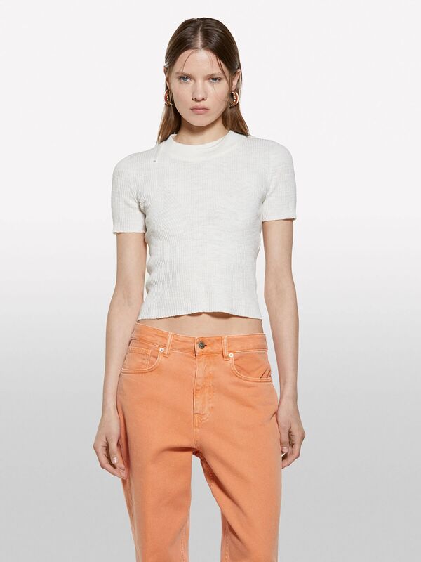 Keten Karışımlı Slim Fit Kısa Kollu Kazak Kadın Beyaz Kazak - 325P105GM106G