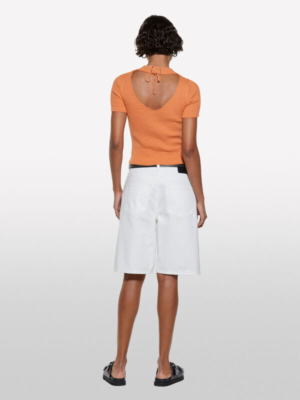 Sisley - Keten Karışımlı Slim Fit Kısa Kollu Kazak Kadın Turuncu Kazak - 325P105GM106G