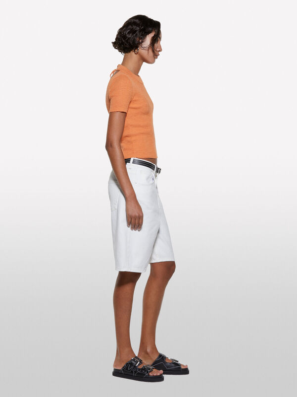 Keten Karışımlı Slim Fit Kısa Kollu Kazak Kadın Turuncu Kazak - 325P105GM106G