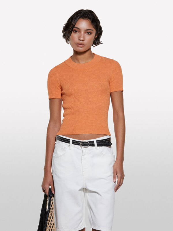 Keten Karışımlı Slim Fit Kısa Kollu Kazak Kadın Turuncu Kazak - 325P105GM106G