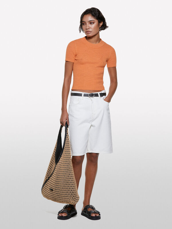 Keten Karışımlı Slim Fit Kısa Kollu Kazak Kadın Turuncu Kazak - 325P105GM106G