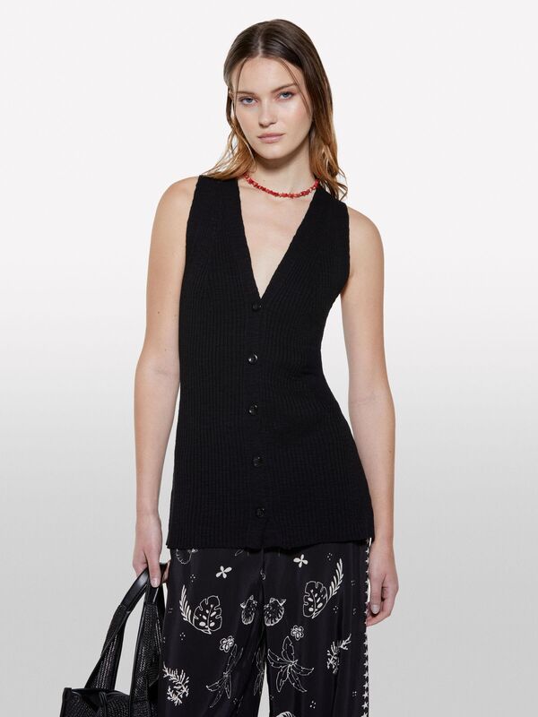 Sisley - Keten Karışımlı Slim Fit Triko Yelek Kadın Siyah Yelek - 325P105GM602J