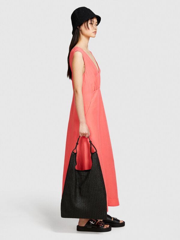 Keten Karışımlı V Yaka A Kesim Yandan Fermuarlı Uzun Elbise Kadın Düzenlenecek Elbise - 324P40BRLV060