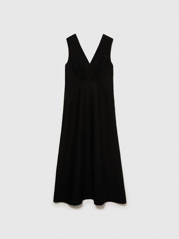 Keten Karışımlı V Yaka A Kesim Yandan Fermuarlı Uzun Elbise Kadın Siyah Elbise - 324P40BRLV060