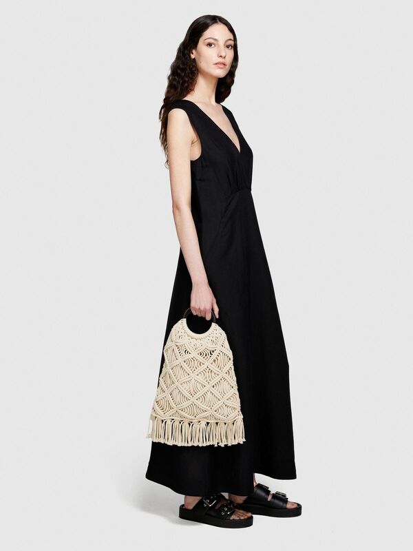 Keten Karışımlı V Yaka A Kesim Yandan Fermuarlı Uzun Elbise Kadın Siyah Elbise - 324P40BRLV060