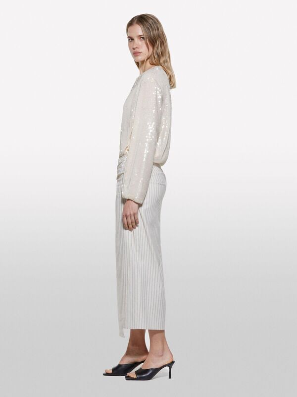 Keten Karışımlı Yandan Fermuarlı Slim Fit Midi Etek Kadın Siyah Etek - 325P45ICL002P