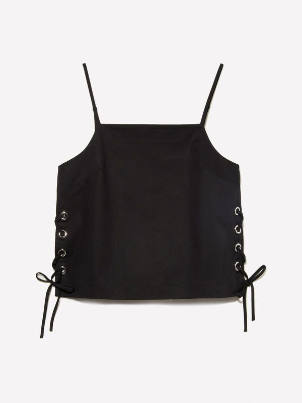 Keten Karışımlı Yanları Bağcık Detaylı Askılı Üst Kadın Siyah Bluz - 325P5W7HLH01H