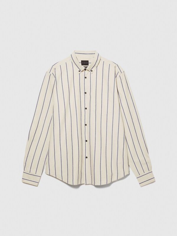 Sisley - Keten Pamuk Karışımlı Çizgili Yakası Düğmeli Gömlek Erkek Siyah Mix Gömlek - 324P5ZKYSQ03I