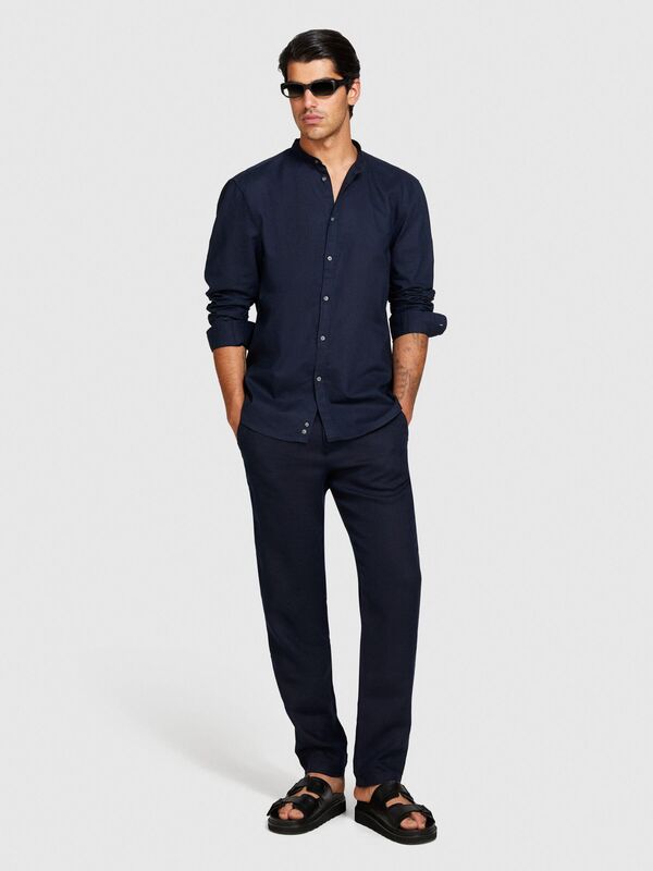 Keten Pamuk Karışımlı Hakim Yaka Regular Fit Gömlek Erkek Lacivert Gömlek - 324P59A2SQ03J