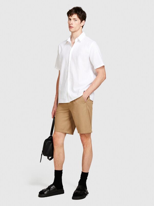 Keten Pamuk Karışımlı Pileli Regular Fit Kısa Kollu Gömlek Erkek Beyaz Gömlek - 324P59A2SQ03K