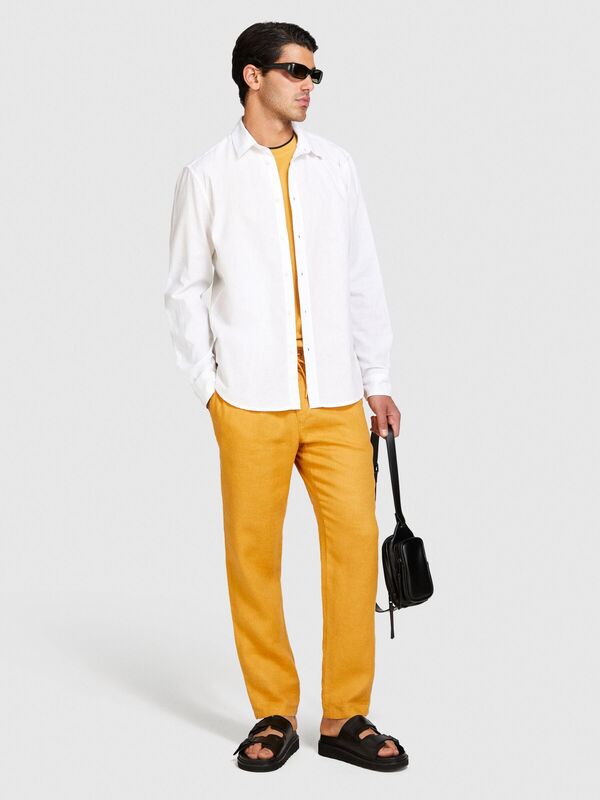 Sisley - Keten Pamuk Karışımlı Slim Fit Gömlek Erkek Beyaz Gömlek - 324P59A2SQ03G