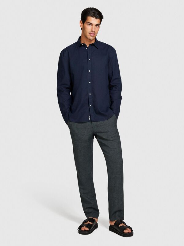 Keten Pamuk Karışımlı Slim Fit Gömlek Erkek Lacivert Gömlek - 324P59A2SQ03G