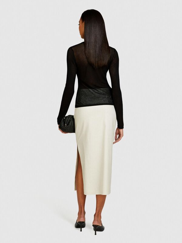 Keten ve Pamuk Karışımlı Yırtmaçlı Midi Kalem Etek Kadın Gri Etek - 324P4U6WL0023