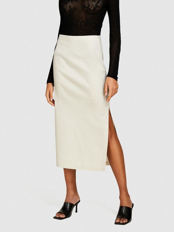 Sisley - Keten ve Pamuk Karışımlı Yırtmaçlı Midi Kalem Etek Kadın Gri Etek - 324P4U6WL0023