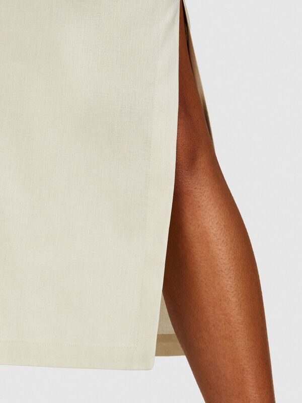 Keten ve Pamuk Karışımlı Yırtmaçlı Midi Kalem Etek Kadın Gri Etek - 324P4U6WL0023