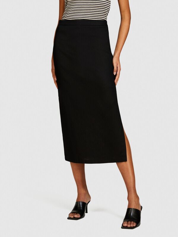 Keten ve Pamuk Karışımlı Yırtmaçlı Midi Kalem Etek Kadın Siyah Etek - 324P4U6WL0023