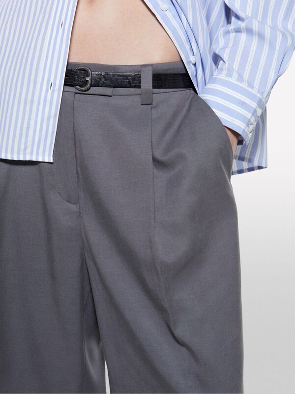 Liyosel ve Pamuk Karışımlı Önü Pileli Palazzo Pantolon Kadın Füme Pantolon - 324A4TKDLF05T