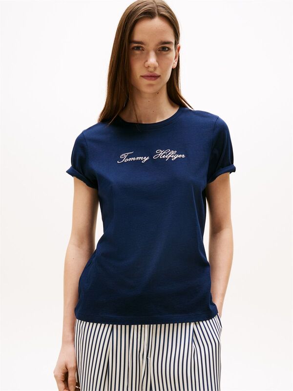 Tommy Hilfiger - LUREX SCRIPT REG C-NK SS TEE Kadın Mavi T-Shirt - WW0WW47210