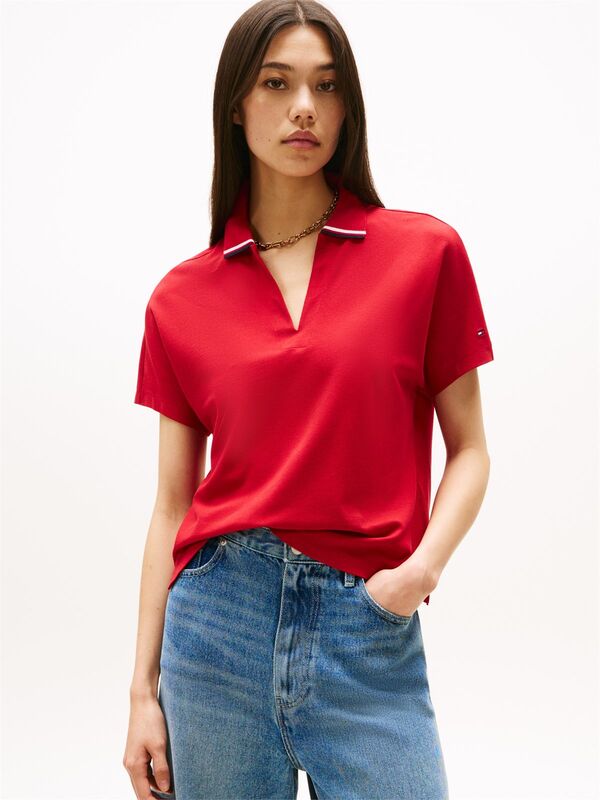 Tommy Hilfiger - LYOCELL TIPPING OPEN SS POLO Kadın Kırmızı Polo - WW0WW46512