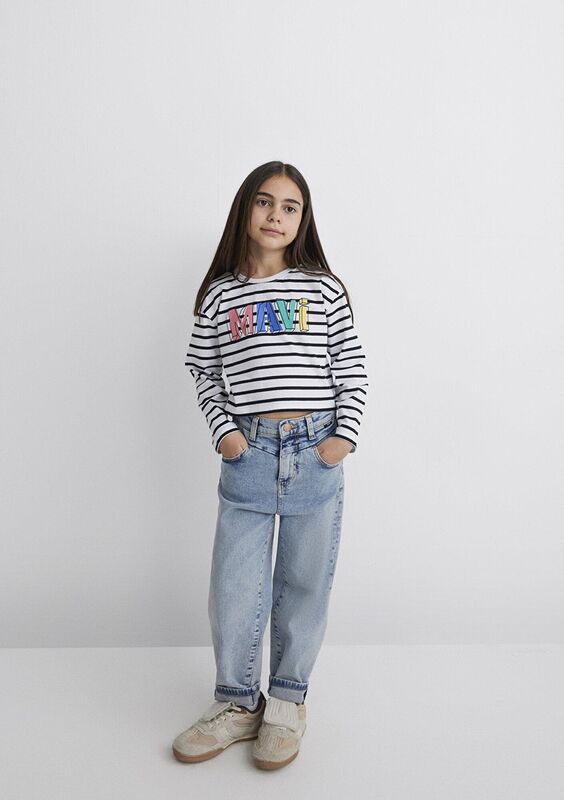 MAVİ BASKILI ÇİZGİLİ CROP UK LOGO TİŞÖRT Kız Çocuk Siyah T-Shirt - M7610270