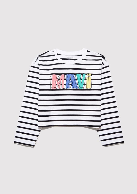 MAVİ BASKILI ÇİZGİLİ CROP UK LOGO TİŞÖRT Kız Çocuk Siyah T-Shirt - M7610270